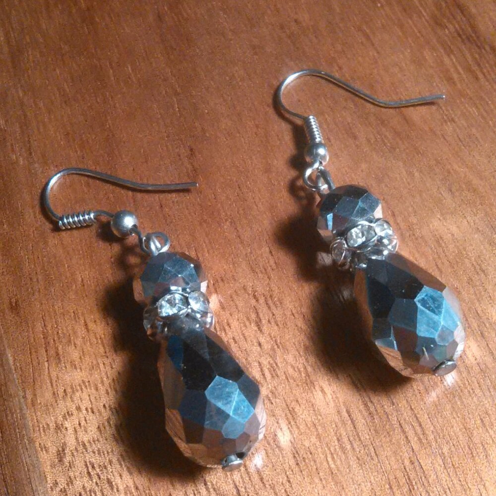 Faceted Metallic Bead and White Crystal Dangle Earrings